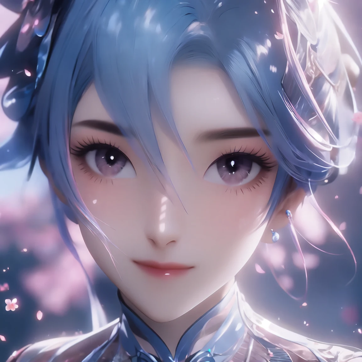 (masterpiece,ultra-detailed,best quality:1.5),(8K,CG,illustration:1.4),(perfect-composition,detailed beautiful face,Clean skin,photographical skin,shiny skin, blue hair,shiny hair, photographical hair,ultra detailed eyes,shaved,uncensored,ultra detailed background:1.2),(petite girl:1),,cowboy shot S4kur4,see-through,cherry blossoms dress,sleeveless,cherry blossoms,spring