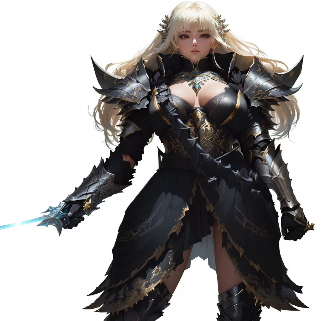 a woman in armor with a sword and a sword in her hand, armor girl, pale black armor, very stylish fantasy armor, by Yang J, black armor, fantasy armor, stunning armor, wearing fantasy armor, black and golden armor, gorgeous female priestess, beautiful female priestess, of a beautiful female priestess, female armor priestess, elegant priestess armor, fantasy priestess woman