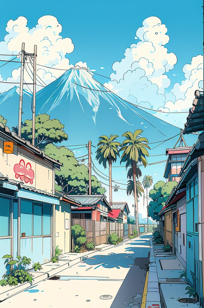 A beautiful anime-style illustration with white clouds in a blue sky and a coastline and mountains in the distance. In the center is an old basketball court surrounded by palm trees. There is graffiti on the wall on the left and a lush building on the right. The overall scene is colorful and exudes a cheerful summer vibe.