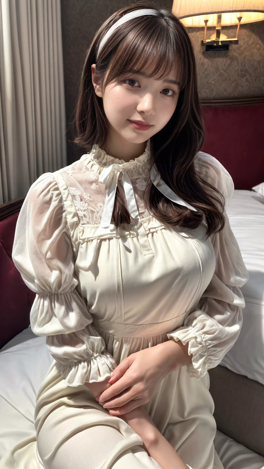 (absurdres:1.3), (highres:1.3), (ultra detailed:1.3),(1girl:1.3), (extremely detailed CG unity 8k wallpaper:1.3), (detailed skin texture, detailed cloth texture, detailed hair texture), (beautiful detailed face, supermodel, pale skin, realistic glistening skin), (RAW photo, best quality), (realistic, photo-realistic:1.4), masterpiece, extremely delicate and beautiful,Amazing, finely detail, extremely detailed CG unity 8k wallpaper, huge filesize, ultra-detailed, highres, absurdres, soft light,rim light, vibrant details, (hotel room:1.2), straight hair, black hair color, Big Natural Color Lip, large breasts, (perfect body shape), beautiful legs, BREAK ((high-quality color that combines light-beige and ivory-white) theme:1.4), (tone on tone:1.3), ((classic fashion, girly fashion):1.3), (layering:1.3), (wearing a (maxi length light-beige pinafore dress) over a (long bell bottom sleeve ivory-white victorian blouse with white jabot):1.4), ((fit body, emphasized body line):1.3), (fine satin fabric:1.4), ((ruffles, floral lace):1.3), (white ankle socks with ruffle trim:1.2), (white ribbon on hair:1.4), (pumps:1.1),
crying a little、little smile, Harajuku style、20 year old girl