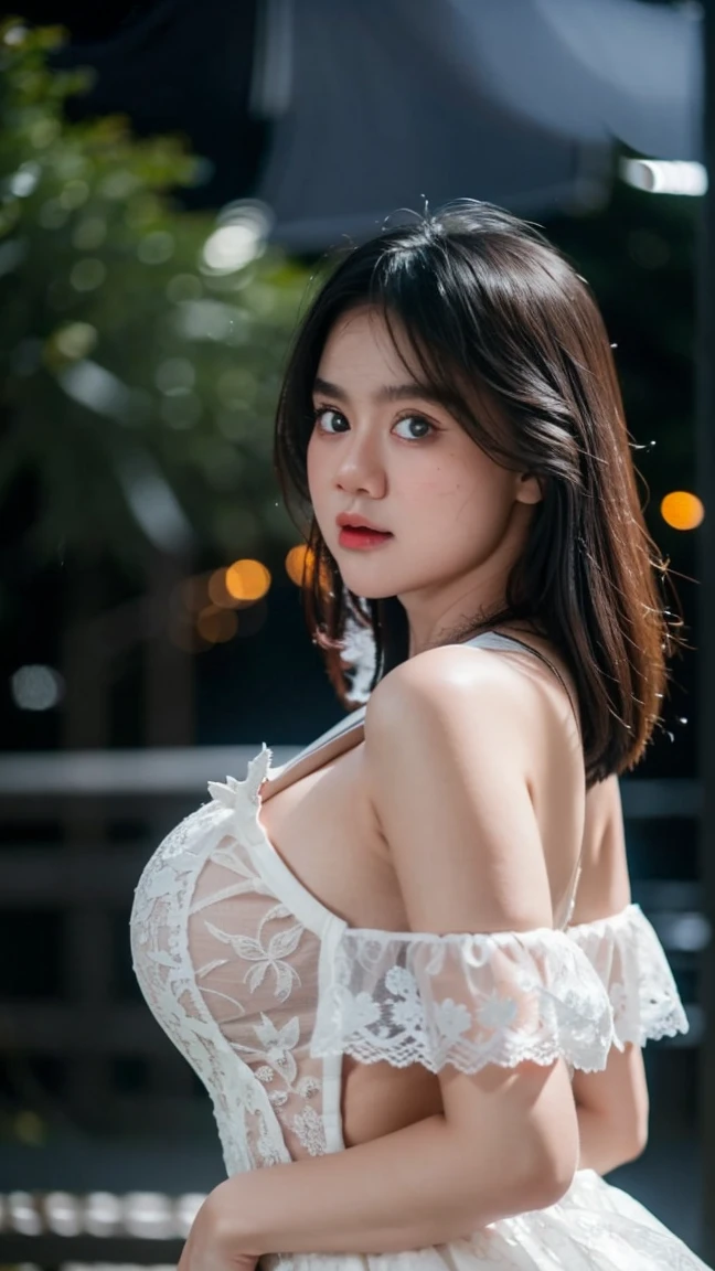 Adorable , Gorgeous , Beautiful , indonesian german Baby Face , (Large Colossal Breasts) , 20 Years Old , White Skin , One Shoulder Lace Dress , wooden cottage breathtaking Background , Wind , ((Bokeh:1.1)) , Blue Eye , ((dark theme)) , ((Night:1.3)) , Standing Pose , HDR , Ultra Detailed , EF 24-70mm f/2.8L II USM