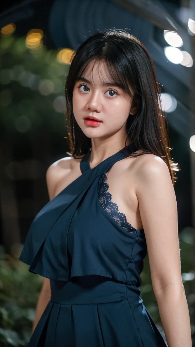 Adorable , Gorgeous , Beautiful , indonesian german Baby Face , (Large Colossal Breasts) , 20 Years Old , White Skin , One Shoulder Lace Dress , wooden cottage breathtaking Background , Wind , ((Bokeh:1.1)) , Blue Eye , ((dark theme)) , ((Night:1.3)) , Standing Pose , HDR , Ultra Detailed , EF 24-70mm f/2.8L II USM