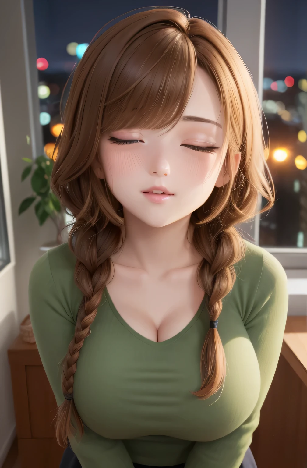 (Night:1.7), Modern apartment, high rise, CityView, Before Window,
Standing at attention,Hands Down,
Green shirt,long sleeves, cleavage, collarbone,
Glasses,brown hair,purple eyes,braid,single braid,yellow hair ornament,
1 girl, 20yo,Young female,Beautiful Finger,Beautiful long legs,Beautiful body,
Beautiful Nose,Beautiful character design, perfect eyes, perfect face,expressive eyes,
looking at viewer, in the center of the image,(Upper_body),(Focus on her face),
official art,extremely detailed CG unity 8k wallpaper, perfect lighting,Colorful, Bright_Front_face_Lighting,shiny skin,
(masterpiece:1.0),(best_quality:1.0), ultra high res,4K,ultra-detailed,
photography, 8K, HDR, highres, absurdres:1.2, Kodak portra 400, film grain, blurry background, bokeh:1.2, lens flare, (vibrant_color:1.2)
(Beautiful,large_Breasts:1.4), (beautiful_face:1.5),(narrow_waist),