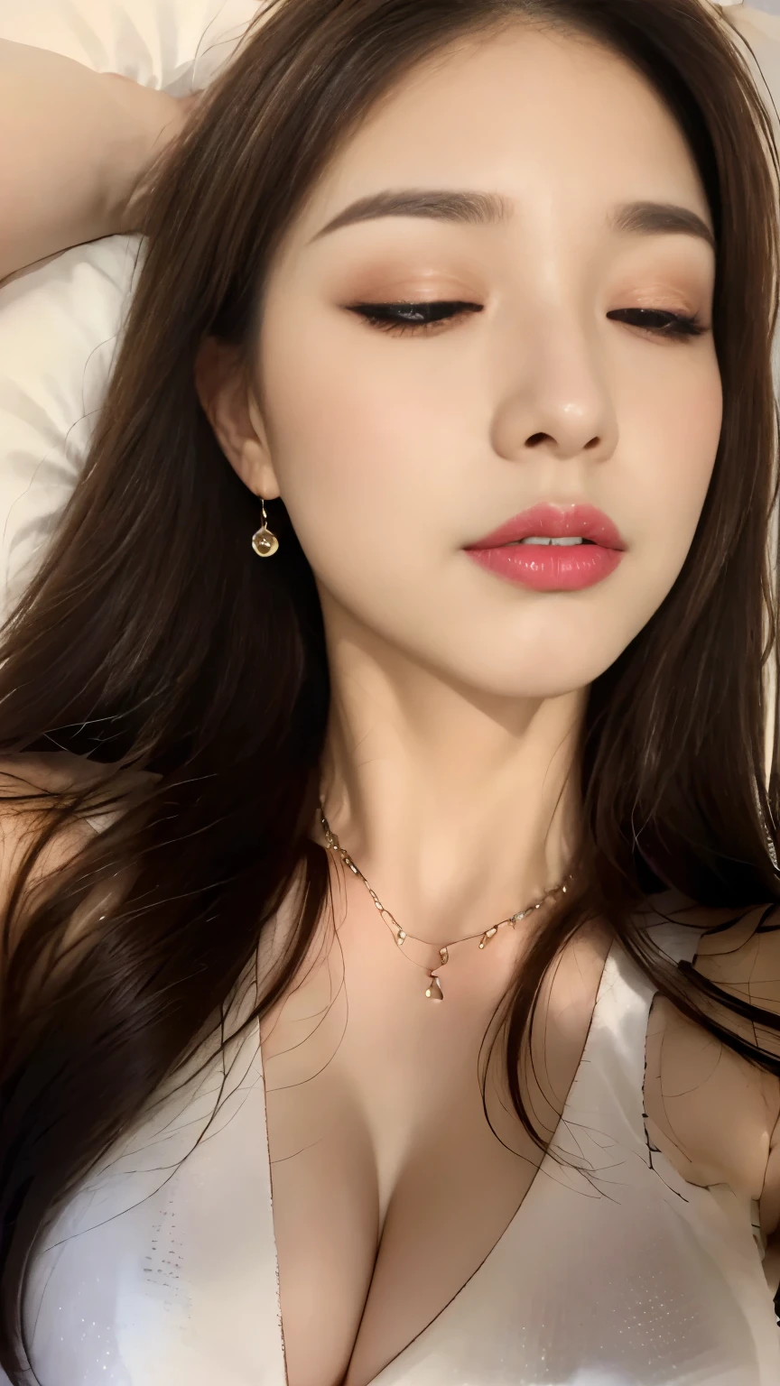 ((Highest quality, 8k, masterpiece: 1.3)), beauty, hidden face, (aunt, 36 years old), Slim Abs: 1.2, ((Long straight line. Brown Hair. necklace)). (shirt, shirt_On the bed. sleep. Lying on your back. Close your eyes. sleep. Lying on your back. Close your eyes. sleep. Lying on your back. Close your eyes. sleep. Lying on your back. Close your eyes), Highly detailed face, Highly detailed lips, Detailed eyes, double eyelid, Makeup face. Red lipstick
