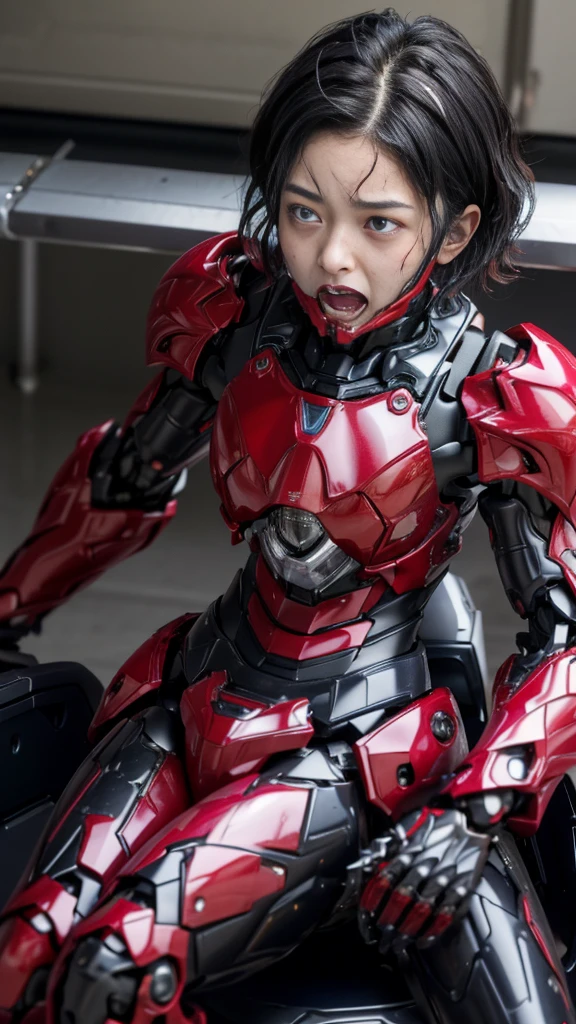 Rough skin, Very detailed, Advanced Details, high quality, 最high quality, High resolution, 1080P 、、Red Armor、Wearing red and black、cute((During a break))(Wearing a damaged female robot suit...)(Red Armor)(Broken Armor)Black Hair、、Chiquita、short hair、Open your mouth、Sweaty face、Beautiful Face、cute、knock down、よだれing from the mouth、Junior high school girl (Steam coming out of the face) ((Steam from the body)) Sitting in a chair Filming location I can see the vagina Open your thighs Look up