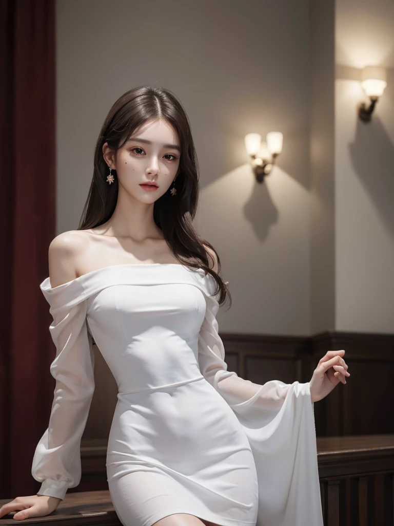 absurdres, RAW photo, extremely delicate and beautiful, masterpiece, Best Quality, ultra high resolution, 32k, hyperrealistic, ultra-detailed, perfect anatomy, super Detailed skin, perfect figure, Super Beauty, Perfect Style, Perfect balance, Beautiful Lighting, Perfect Lightning, Realistic Shadows, 20 years old, very Slim body, narrow waist, very small head, very small face, delicate facial features, handsome detailed woman, very detailed eyes and face, realistic face proportions, Realistic beautiful face, Realistic beautiful eyes, tearful mole, earring, very huge round breasts, legs, medium hair, asymmetrical hair, whole body shot, indoor, dress, long sleeves, nun, off-shoulder,
