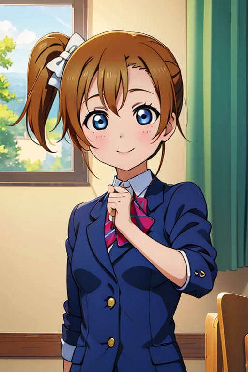 (masterpiece、Highest quality)、Otonokizaka Academy、m's、Honoka Kousaka、Right side ponytail hairstyle、Brown Hair、Blue Eyes、looking at the camera、uniform、School