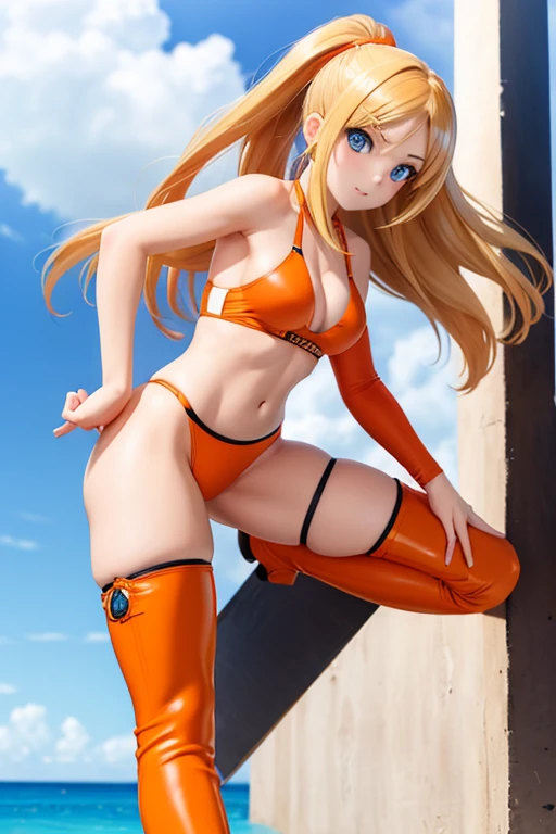 men and women Perfect Anatomy Highest quality,Highest Resolution,(((Orange competition swimwear Thigh-high boots))) Metal Max 2:Reloaded Mishka Blonde long hair Blue Eyes D Cup 20-year-old athletic Warrior cool