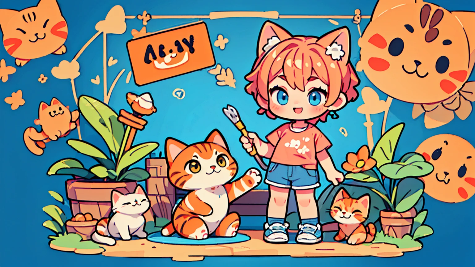 ((Masterpiece,Highest quality)),((Maximum details))((full body image)),((4K clarity)),2 living things((person,cat)) ((person,pink short hair,Laughing faces,Wear a blue t-shirt((penny logo)) Wear shorts.,วิ่งไล่cat,พื้นหลังลายcat)),((cat,The body is orange with a gourami pattern.,วิ่งหนีperson,blue collar,bell,พื้นหลังลายcat))