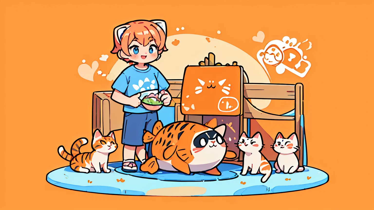 ((Masterpiece,Highest quality)),((Maximum details))((full body image)),((4K clarity)),2 living things((person,cat)) ((person,pink short hair,Laughing faces,Wear a blue t-shirt((penny logo)) Wear shorts.,วิ่งไล่cat,พื้นหลังลายcat)),((cat,The body is orange with a gourami pattern.,วิ่งหนีperson,blue collar,bell,พื้นหลังลายcat))