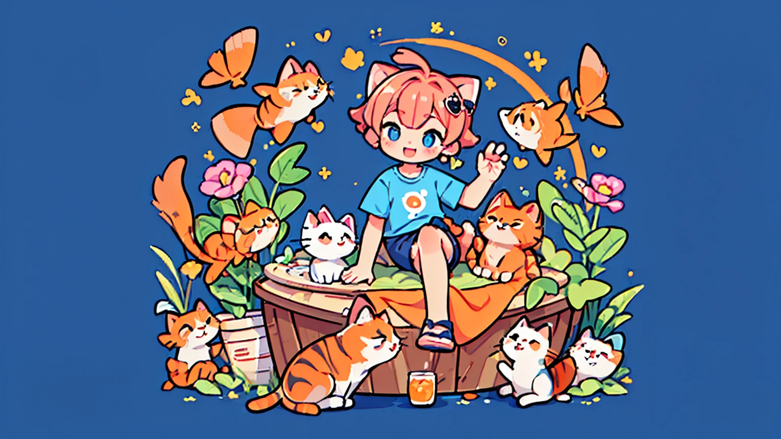 ((Masterpiece,Highest quality)),((Maximum details))((full body image)),((4K clarity)),2 living things((person,cat)) ((person,pink short hair,Laughing faces,Wear a blue t-shirt((penny logo)) Wear shorts.,วิ่งไล่cat,พื้นหลังลายcat)),((cat,The body is orange with a gourami pattern.,วิ่งหนีperson,blue collar,bell,พื้นหลังลายcat))