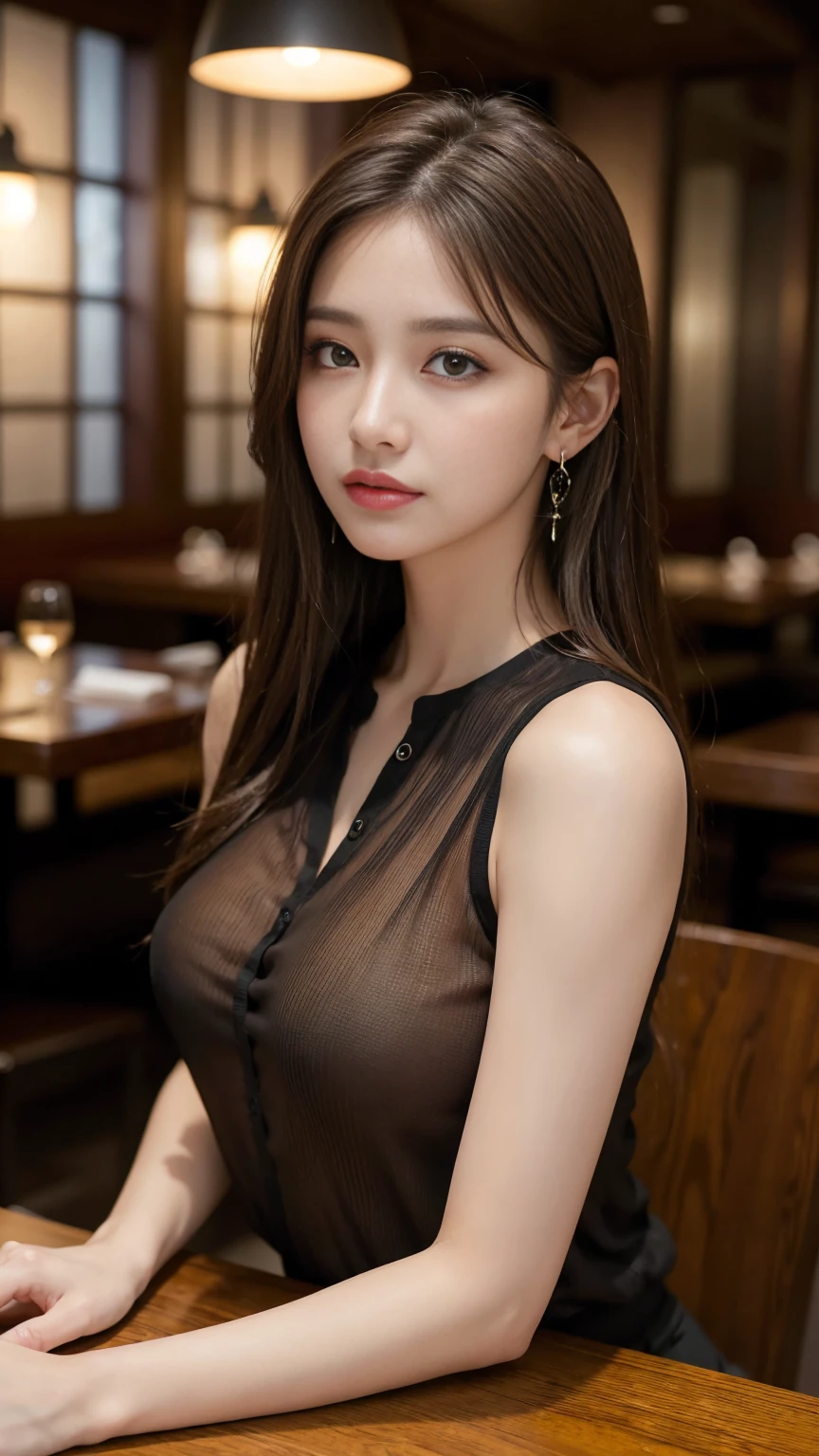 masterpiece, Highest quality, Realistic, Very detailed, Finer details, High resolution, 8k wallpaper, One beautiful woman, Wear a black see-through shirt, In a great restaurant, At night, Light brown messy hair, Perfect dynamic composition, Beautiful and beautiful eyes、Big earrings、Sleeveless shirt、