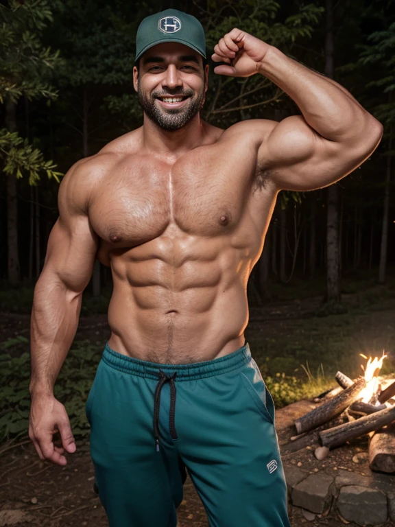 Masterpiece, Best Quality, High resolution, (1 chico:1.4), hiker, in hiking clothes, in hiking pants, wearing baseball cap, male focus, focus alone, tanned skin, 38-year-old man in forest, muscular, strong, furry, masculine, in the forest, night time, warm lighting, amazing composition, front view, HDR, volumetric lighting, (plano general, FROM THE FRONT:1.2) (GS-Macho :1.5) (magnificent landscape:1.2), macho, thick forearms, thick arms, huge thighs, charming smile with teeth, winking at camera, raunchy, scruff, camping, campfire background, night lighting, moonlight, soft lighting