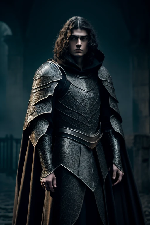 Lorde Esqueleto, medieval knight, dark fantasy, intricate armor, brooding expression, grim reaper, ethereal glowing eyes, dramatic cloak, moody lighting, epic scale, cinematic composition, chiaroscuro, dramatic contrast, highly detailed, digital painting, concept art, 8k, photorealistic