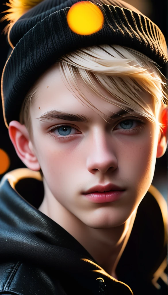 Meticulous, analog style, focus on the eyes, highest quality, (highly detailed skin), photo of very handsome pale skin Dutch punk boy, 21 years old, (wearing beanie), perfect face, pore skin, (penetration:0.5), black background, (bokeh:0.6), sharp focus, grainy lighting, (backlight:0.7), film grain, photographed with Sony A7R IV camera, 18mm F/1.7 cine lens, (highly detailed, intricate detail), 8k, HDR, front view, (upper body: 0.9)