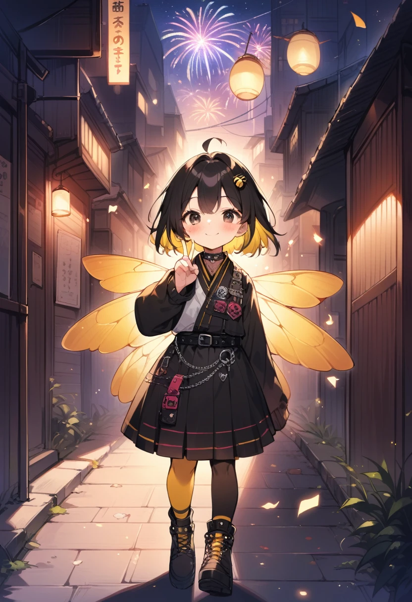 breathtalking Scenery, breathtalking Beauty, breathtalking Cute,scenery, (best quality, masterpiece:1.2), (ultra high quality:1.2),smooth soft skin, natural skin,watercolor,
BREAK
(hornet girl:1.4), bee girl,(little female child:1.3), (loli:1.3),6 years old, kawaii,baby face,tsurime, small breast, Phat ass,ultra cute face,oily skin, (bee antennae:1.3), (PVC material Extremely small bee wings:1.1), (bee wings:1.1),symmetry bee wings, puffy eyes,smile,
BREAK
(black hair:1.3),(black eyes:1.2),(yellow dip-dye hair:1.3),(yellow inner hair:1.1),short hair,ahoge, slanted eyes, (highlight on eyes:1.1),(nail_polish:1.1), peacesign,double peace,hand gesture、
BREAK
peacesign,(Japanese Style Coordination:1.1),belt buckle,(punk fashion:1.1), (punk hair:1.1), (lots of accessories:1.2), kimono inspired punk rock,hakama inspired punk rock,layer of clothes,(yellow striped black stockings:1.1),pierce,chain accessory,punk rock,
BREAK
fropm behind,behind shot,walking,facing viewer,Alley,fireworks,fireworks background,night,steam light effect,cinematic shadows,light sparkles,(blush:1.2),Confetti,Twinkle Star,smile,dust particles,dynamicangle,kawaii,outdoors,