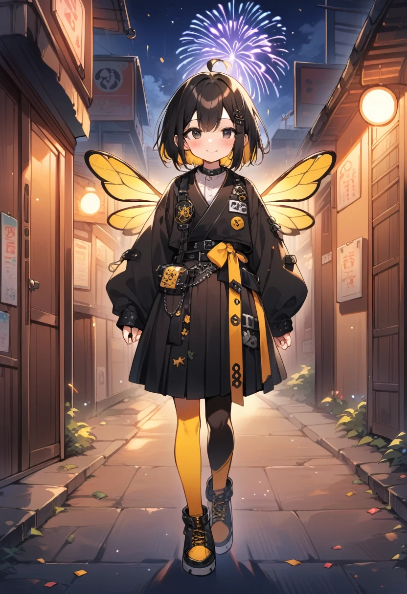 breathtalking Scenery, breathtalking Beauty, breathtalking Cute,scenery, (best quality, masterpiece:1.2), (ultra high quality:1.2),smooth soft skin, natural skin,watercolor,
BREAK
(hornet girl:1.4), bee girl,(little female child:1.3), (loli:1.3),6 years old, kawaii,baby face,tsurime, small breast, Phat ass,ultra cute face,oily skin, (bee antennae:1.3), (PVC material Extremely small bee wings:1.1), (bee wings:1.1),symmetry bee wings, puffy eyes,smile,
BREAK
(black hair:1.3),(black eyes:1.2),(yellow dip-dye hair:1.3),(yellow inner hair:1.1),short hair,ahoge, slanted eyes, (highlight on eyes:1.1),(nail_polish:1.1), peacesign,double peace,hand gesture、
BREAK
peacesign,(Japanese Style Coordination:1.1),belt buckle,(punk fashion:1.1), (punk hair:1.1), (lots of accessories:1.2), kimono inspired punk rock,hakama inspired punk rock,layer of clothes,(yellow striped black stockings:1.1),pierce,chain accessory,punk rock,
BREAK
fropm behind,behind shot,walking,facing viewer,Alley,fireworks,fireworks background,night,steam light effect,cinematic shadows,light sparkles,(blush:1.2),Confetti,Twinkle Star,smile,dust particles,dynamicangle,kawaii,outdoors,
