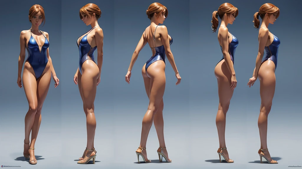 Estelle, full body figure, basic swimsuit, character design sheet, different angles, different poses with detailed face, front view, back view, profile view, glistening skin, studio, super detailed, HD,