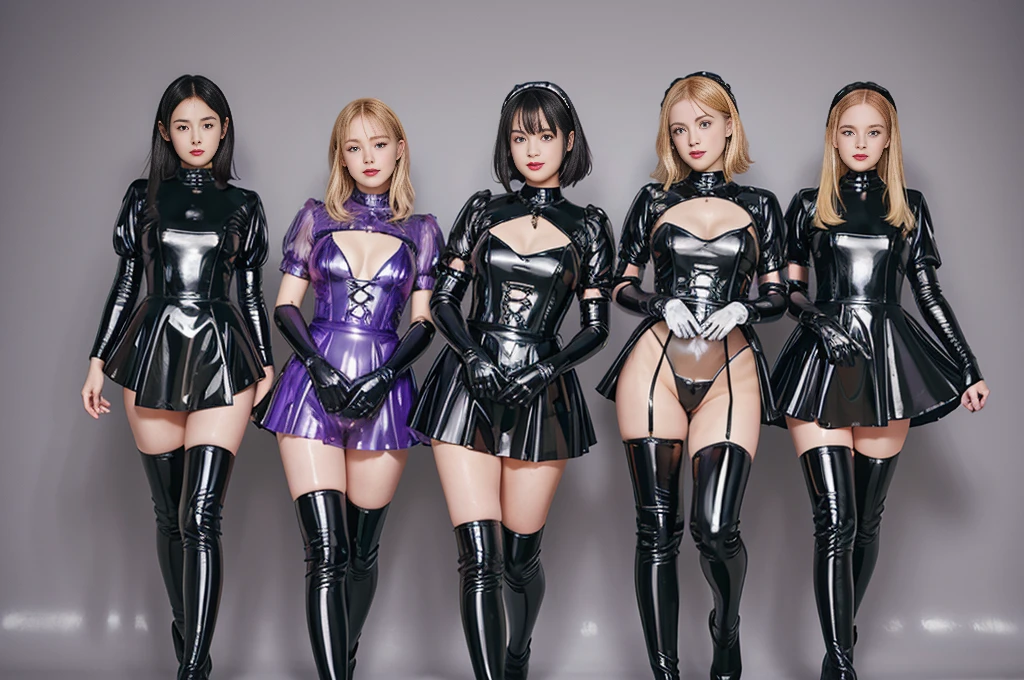 (Table:1.0), (highest quality:1.4), (high resolution:1.2), (realistic:1.4), (close:1.2), (8k, raw photos:1.2), (soft focus:1.4 ),BREAK,Three girls wearing slime gothic ta walking side by side、Smiling while taking a photo.............................. ..................................,Lesbians everywhere,(Three girls covered in purple slime:1.3),BREAK, (Three girls wearing semi-transparent Gothic Loli.4),BREAK,slimy skin,Smooth and tight boots,Clean skin,latex,Translucent body,shiny latex,Perfect fingers,(Shinylatex Gloves:1.2), Boots suitable for your skin,BREAK,bob hair,(Golden hair:1.3),glossy shiny reflective,Girl makeup,japanese goddess,shiny skin,Gorgeous Japanese model,shiny,shiny,Squishy,(Shiny black thigh-high boots:1.2),BREAK ,detailed context,At the hamburger shop