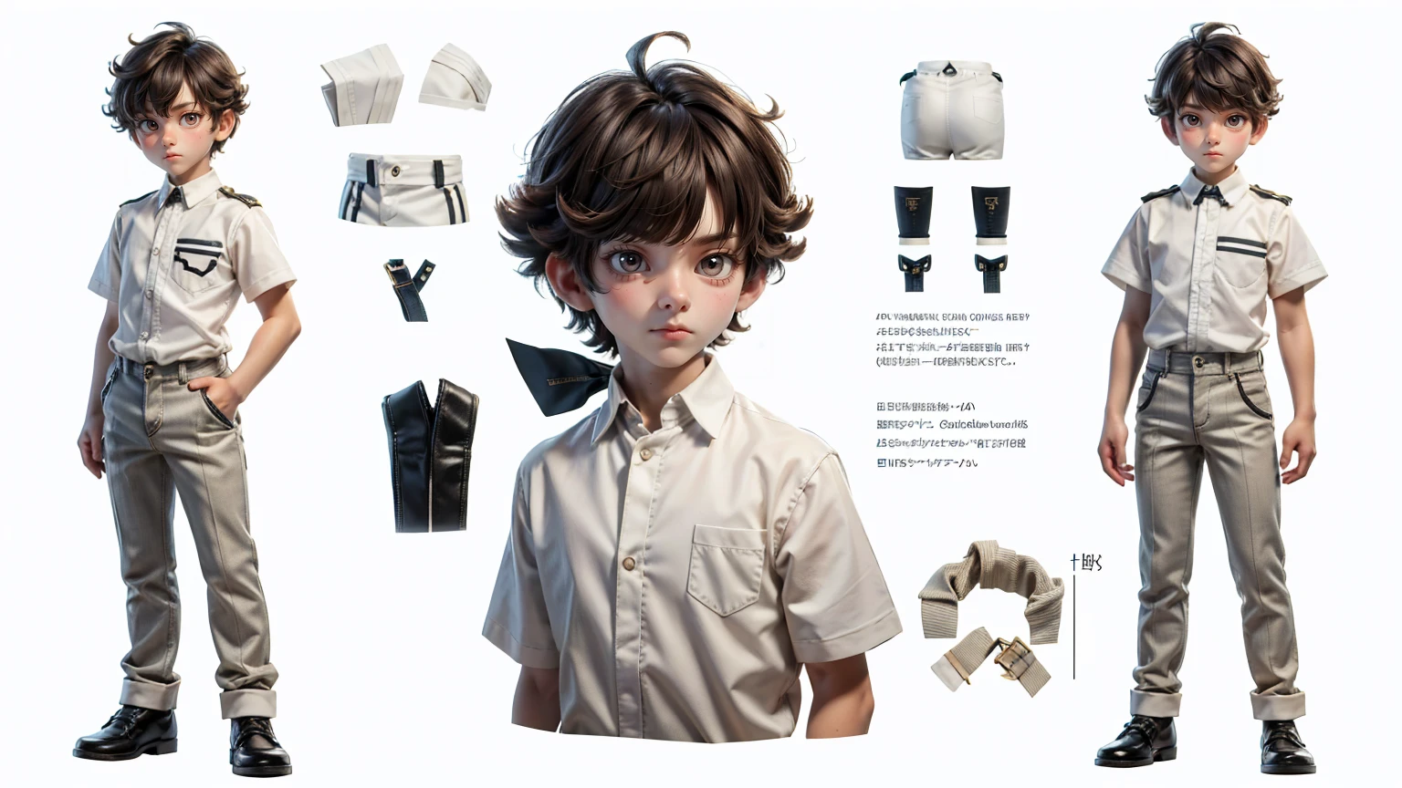  short height cute face boy, cute face, short height boy, wearing  white  pent and shirt, full standing pose, curly  hairs, Character Sheet, 10 yo student, Full body, Simple white background, front pose character reference sheet, Concept art, design sheet
