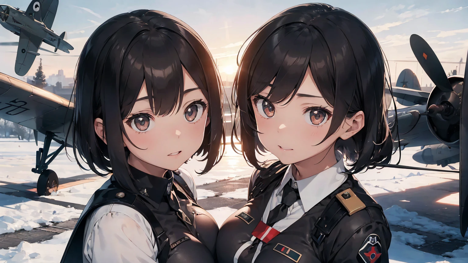 Gestapo uniform, female lesbian kawaii sisters kissing with Heinkel He 111 airplane in background. wearing Luftwaffe pilot uniforms. 8k. masterpiece. best quality. best artwork. lingerie. Swastika insignia red armband. busty bare breasts. nipples. sunset. snowing. sex