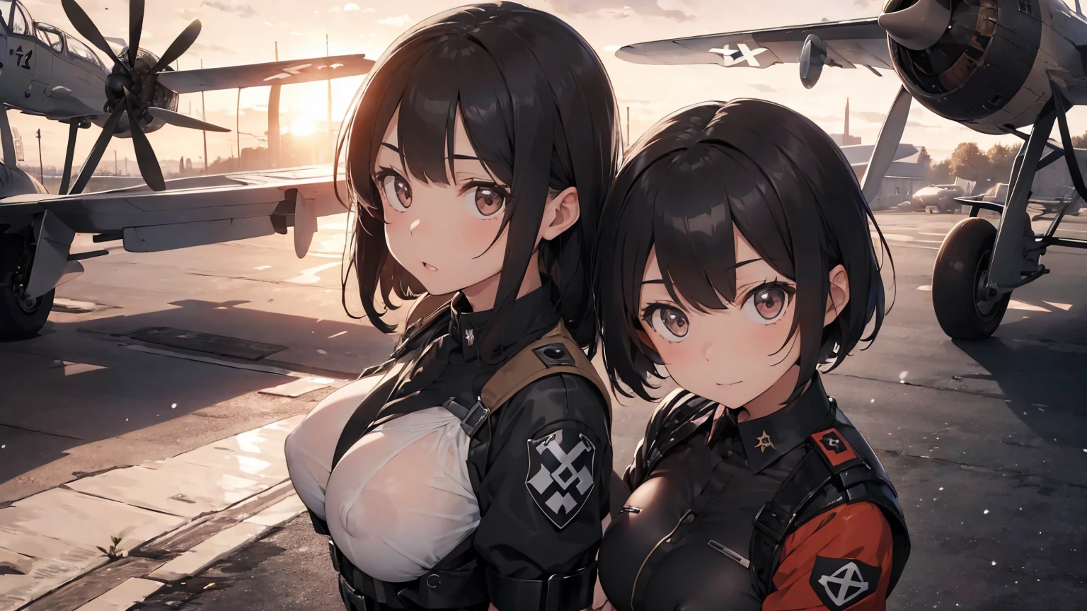  Gestapo uniform, female lesbian  kawaii sisters kissing with Heinkel He 111 airplane in background. wearing Luftwaffe pilot uniforms. 8k. masterpiece. best quality. best artwork. lingerie. Swastika insignia red armband. busty bare breasts. nipples.  sunset. snowing. sex