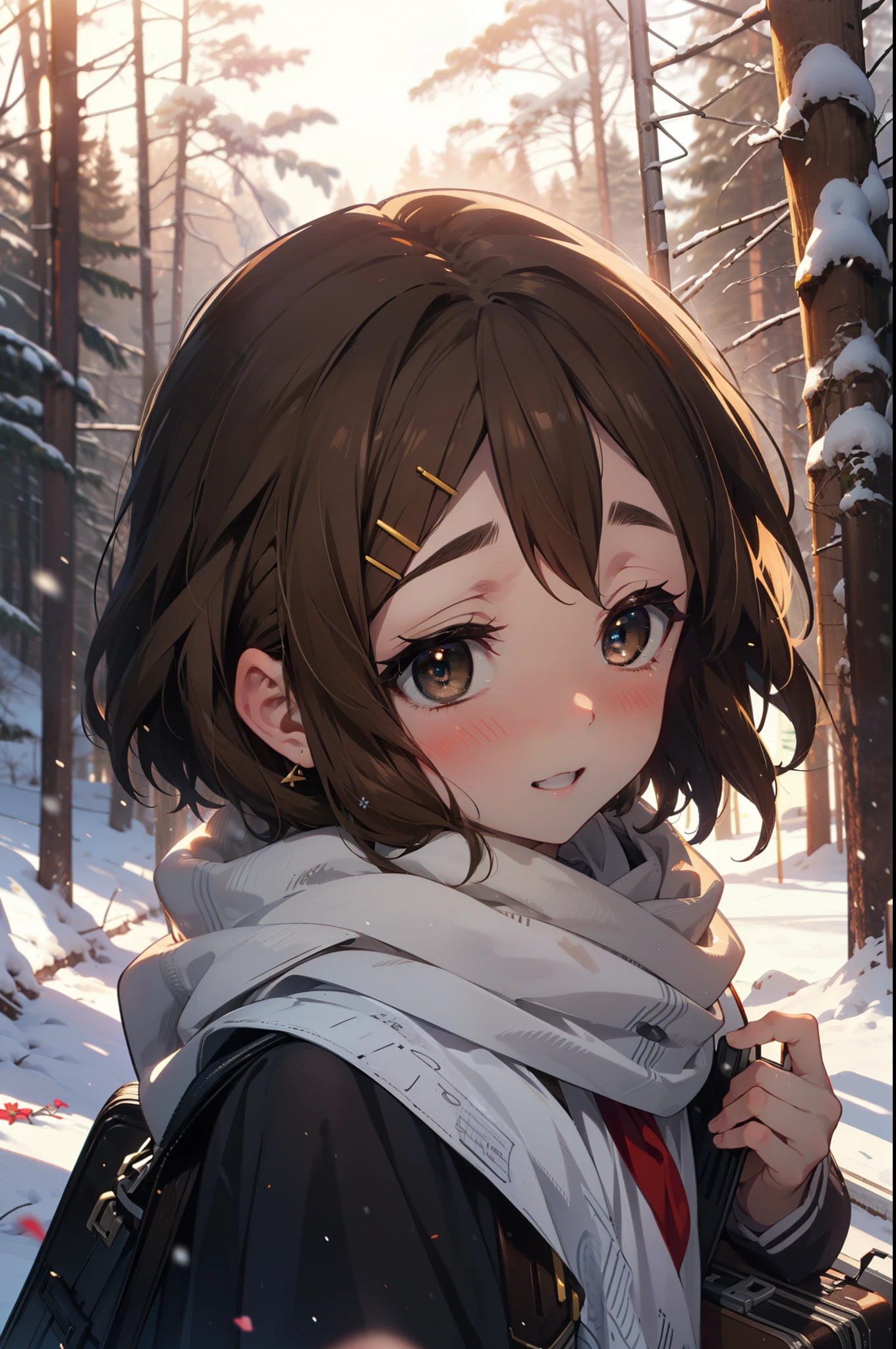 yuihirasawa, Yui Hirasawa, short hair, Brown Hair, hair ornaments, (Brown eyes:1.5), Hair Clip、smile,smile,blush,white breath,
Open your mouth,snow,Ground bonfire,, Outdoor, boots, snowing, From the side, wood, suitcase, Cape, Blurred, , forest, White handbag, nature, Squat, Mouth closed, Cape, winter, Written boundary depth, Black shoes, red Cape break looking at viewer, Upper Body, whole body, break Outdoor, forest, nature, break (masterpiece:1.2), Highest quality, High resolution, unity 8k wallpaper, (shape:0.8), (Beautiful and beautiful eyes:1.6), Highly detailed face, Perfect lighting, Highly detailed CG, (Perfect hands, Perfect Anatomy),