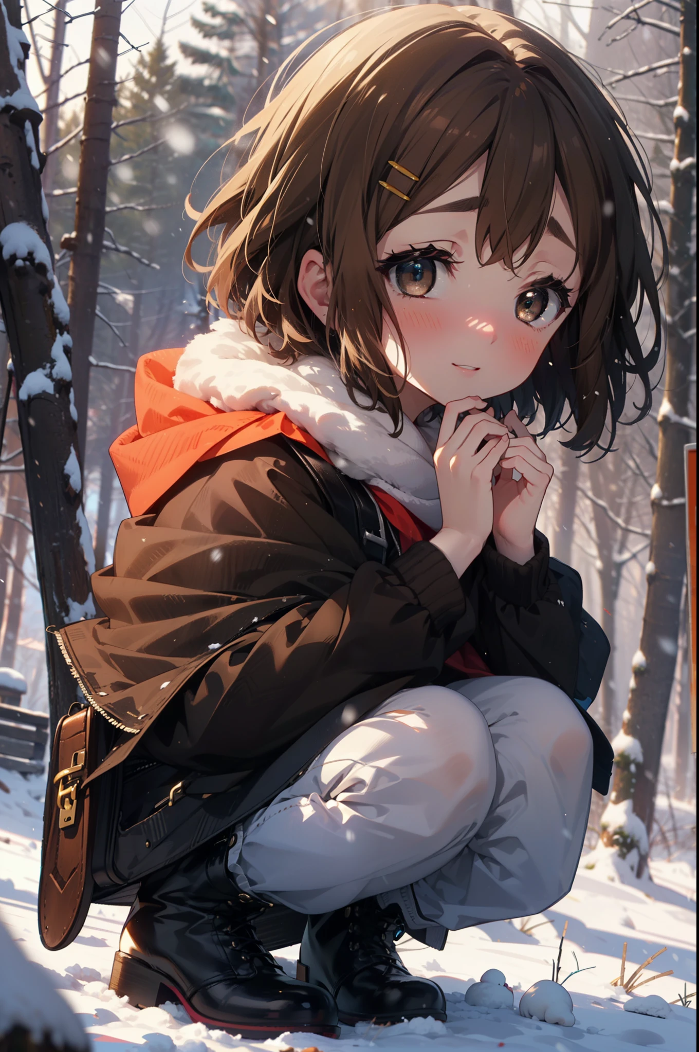 yuihirasawa, Yui Hirasawa, short hair, Brown Hair, hair ornaments, (Brown eyes:1.5), Hair Clip、smile,smile,blush,white breath,
Open your mouth,snow,Ground bonfire,, Outdoor, boots, snowing, From the side, wood, suitcase, Cape, Blurred, , forest, White handbag, nature, Squat, Mouth closed, Cape, winter, Written boundary depth, Black shoes, red Cape break looking at viewer, Upper Body, whole body, break Outdoor, forest, nature, break (masterpiece:1.2), Highest quality, High resolution, unity 8k wallpaper, (shape:0.8), (Beautiful and beautiful eyes:1.6), Highly detailed face, Perfect lighting, Highly detailed CG, (Perfect hands, Perfect Anatomy),