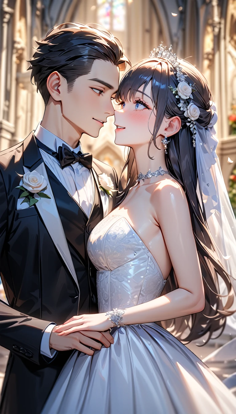 masterpiece , modern, Verism, masterpiece, super detail, best quality, 4K ,(head shot), Male and female couple standing side by side,a woman,Wedding dress, a man ,tuxedo,church,wedding,Happy atmosphere