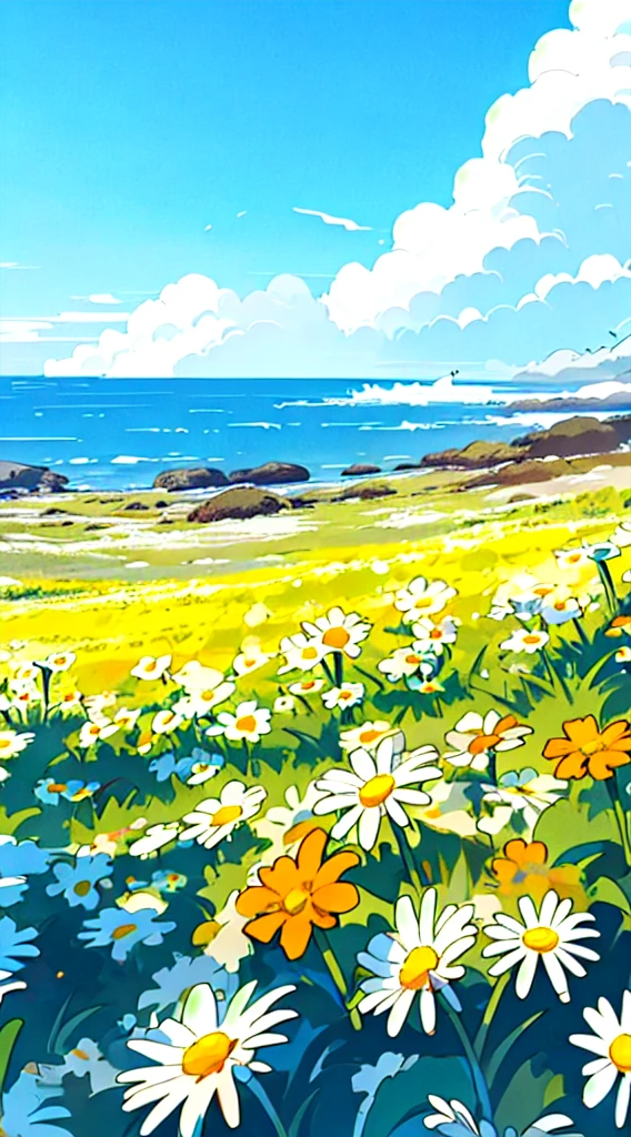 no humans, outdoors, flower, scenery, field, sky, white flower, day, horizon, ocean, flower field, yellow flower, colorful flowers, blue sky, daisy, landscape, cloud, water, (illustration:1.0), masterpiece, best quality,