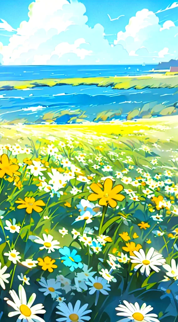 no humans, outdoors, flower, scenery, field, sky, white flower, day, horizon, ocean, flower field, yellow flower, colorful flowers, blue sky, daisy, landscape, cloud, water, (illustration:1.0), masterpiece, best quality,