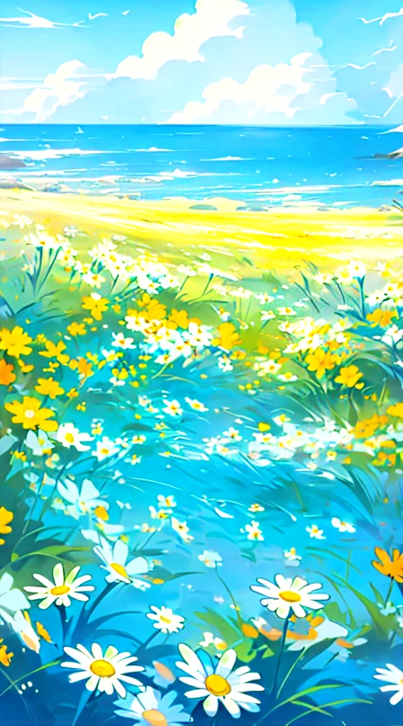 no humans, outdoors, flower, scenery, field, sky, white flower, day, horizon, ocean, flower field, yellow flower, colorful flowers, blue sky, daisy, landscape, cloud, water, (illustration:1.0), masterpiece, best quality,