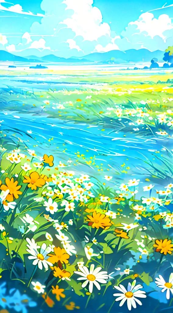 no humans, outdoors, flower, scenery, field, sky, white flower, day, horizon, ocean, flower field, yellow flower, colorful flowers, blue sky, daisy, landscape, cloud, water, (illustration:1.0), masterpiece, best quality,