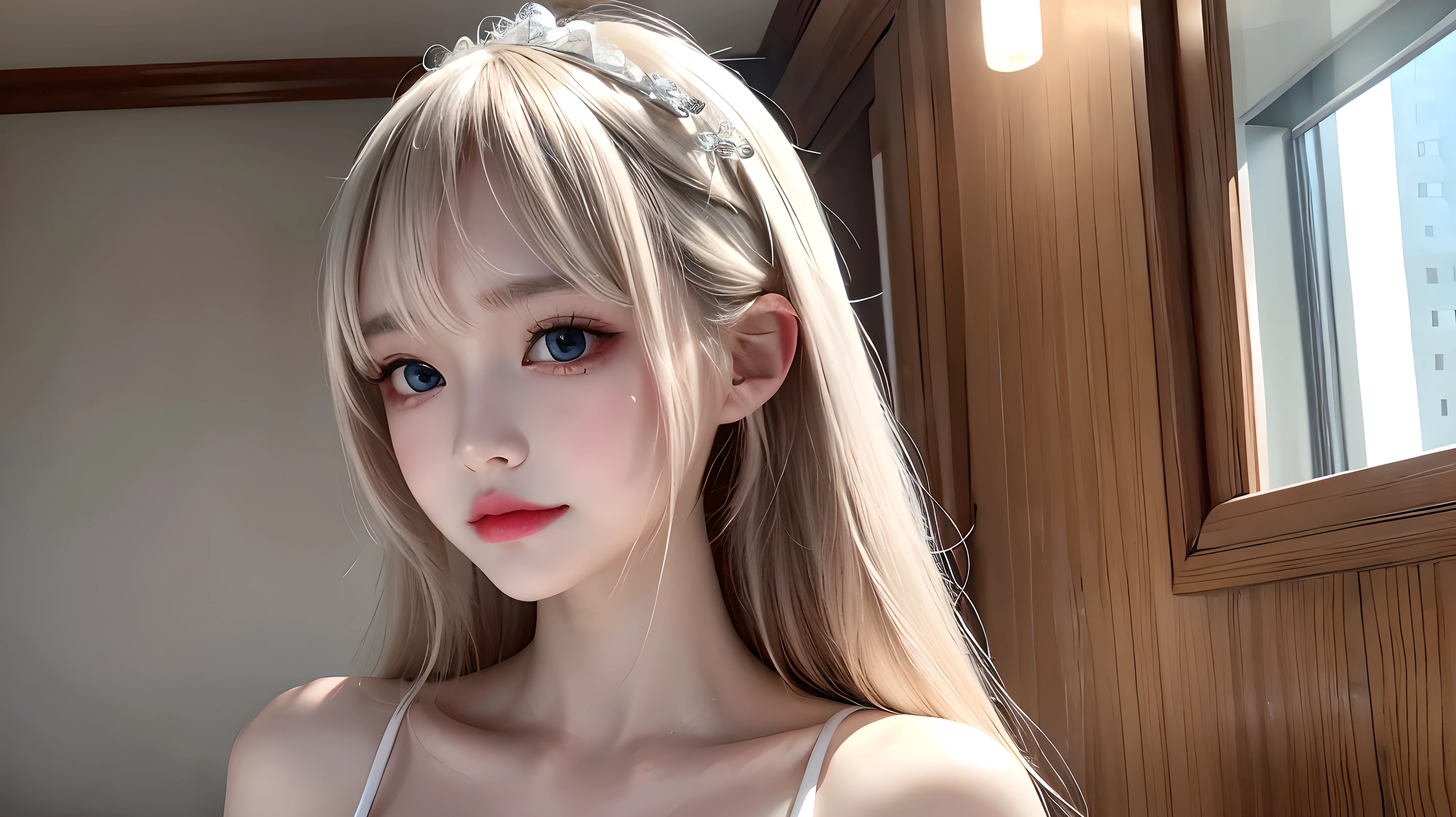 Portrait、、Bright expression、Young, lustrous, glowing, white skin、The best beauty、Blonde reflection、piper peri , Platinum blonde hair with dazzling highlights、Shiny and shiny hair,、Super long silky straight hair、Shiny beautiful bangs、Big, bright, light blue eyes that shine beautifully、Very big eyes、Very beautiful nice cute 15 year old beautiful girl、Ample Bust、The skin is delicate,Head up,Sweat,Interrupt),the dress is dripping,super low neck dress,No underwear,Pantyless,Water spray、bangs over eyes、片bangs over eyes、Bangs between the eyes、Small Face Beauty、Cheek gloss highlighter、Small Face Beauty、Round face, high ponytail hair,