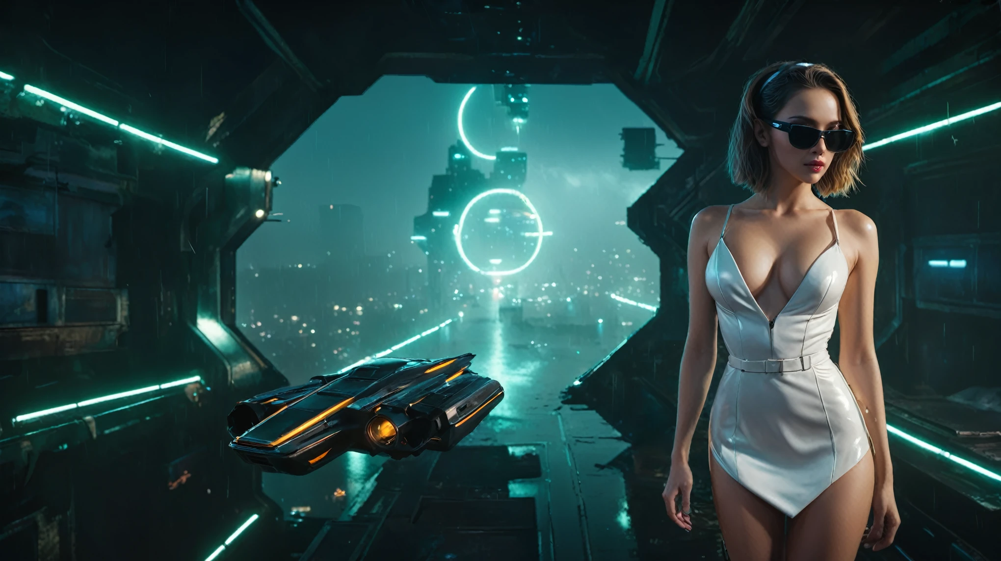 (aerial view, a flying cars docking platform, a very dark abandoned futuristic city, neon lights), rainy night. 1girl, solo, alone, large-breast:1.2 slim body, cleavage:1.1, sexy wind blowing wet dress:1.4, (headphone, black sunglasses), (((((she raised:1.8 a pistol:1.8 and took aim at viewer))))), dynamic pose, (((half-body thigh level medium shot))), cinematic lighting, lens flare, ray tracing.