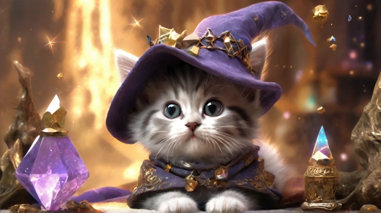 A cute wizard kitten dressed up as a fantasy character１Animals. This little wizard lives in a fantasy world, Cute animals are wearing wizard crystals and hats .There are tarot cards scattered around。Realism, Realistic,, Intricate details, ７K)