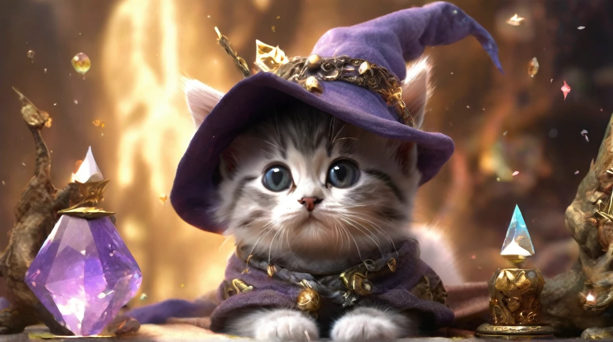 A cute wizard kitten dressed up as a fantasy character1Animals. This little wizard lives in a fantasy world, Cute animals are wearing wizard crystals and hats .There are tarot cards scattered around。Realism, Realistic,, Intricate details, 7K)