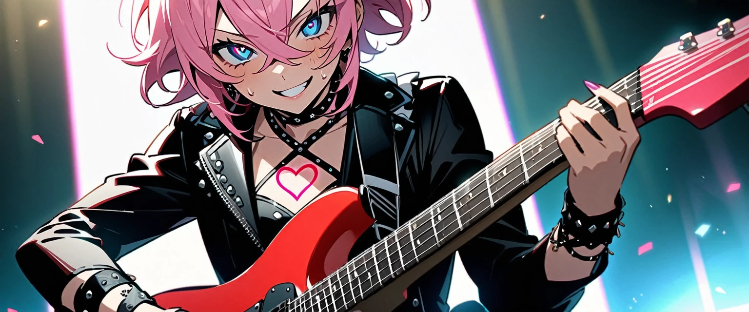 (((masterpiece,Highest quality))),(((A beautiful male anime character in drag, with short pink curls, blue eyes and a punk ta style visual kei outfit, holding a guitar))),(((Looking at me with a provocative smile,Heart mark in the eyes))),(((Playing electric guitar on live stage,He is sweating and playing at the keyboard.))),Focus on the upper body,(high quality),アニメ