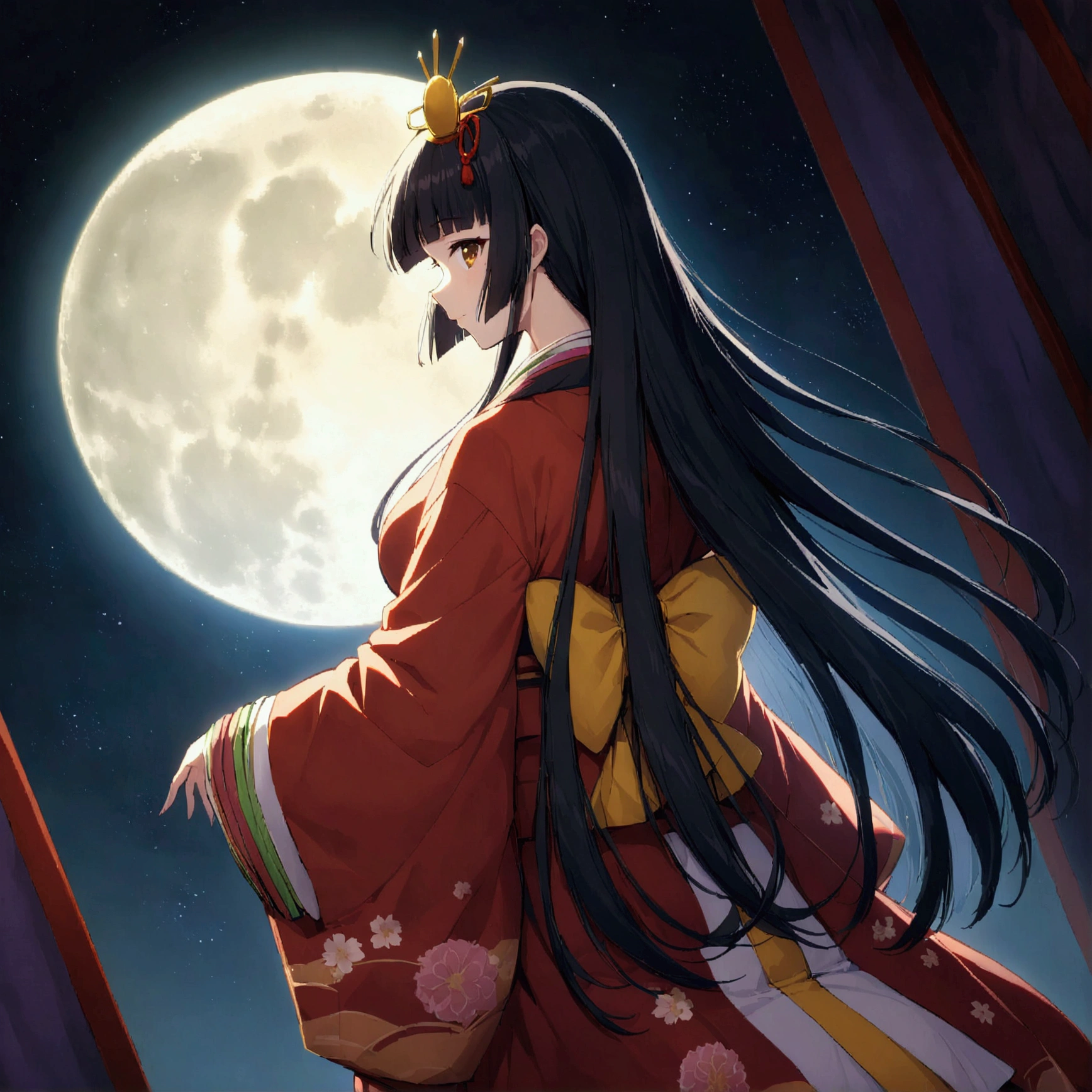 The World of Kaguyahime, hinamatsuri ohinasama, the figure standing looking at the moon is full of melancholy,  (heian red:1.1) japanese clothes, wide sleeves, red (karaginumo:1.1), layered kimono, 1girl solo, beautiful detailed hair, black hair (hime cut:1.2) very long hair spread out, (she sees full moon:1.3), (beautiful standing back view), super wide shot, cinematic lighting, beautifully lit, starry sky, light particles, from behind, (beautiful bamboo grove:1.1) 