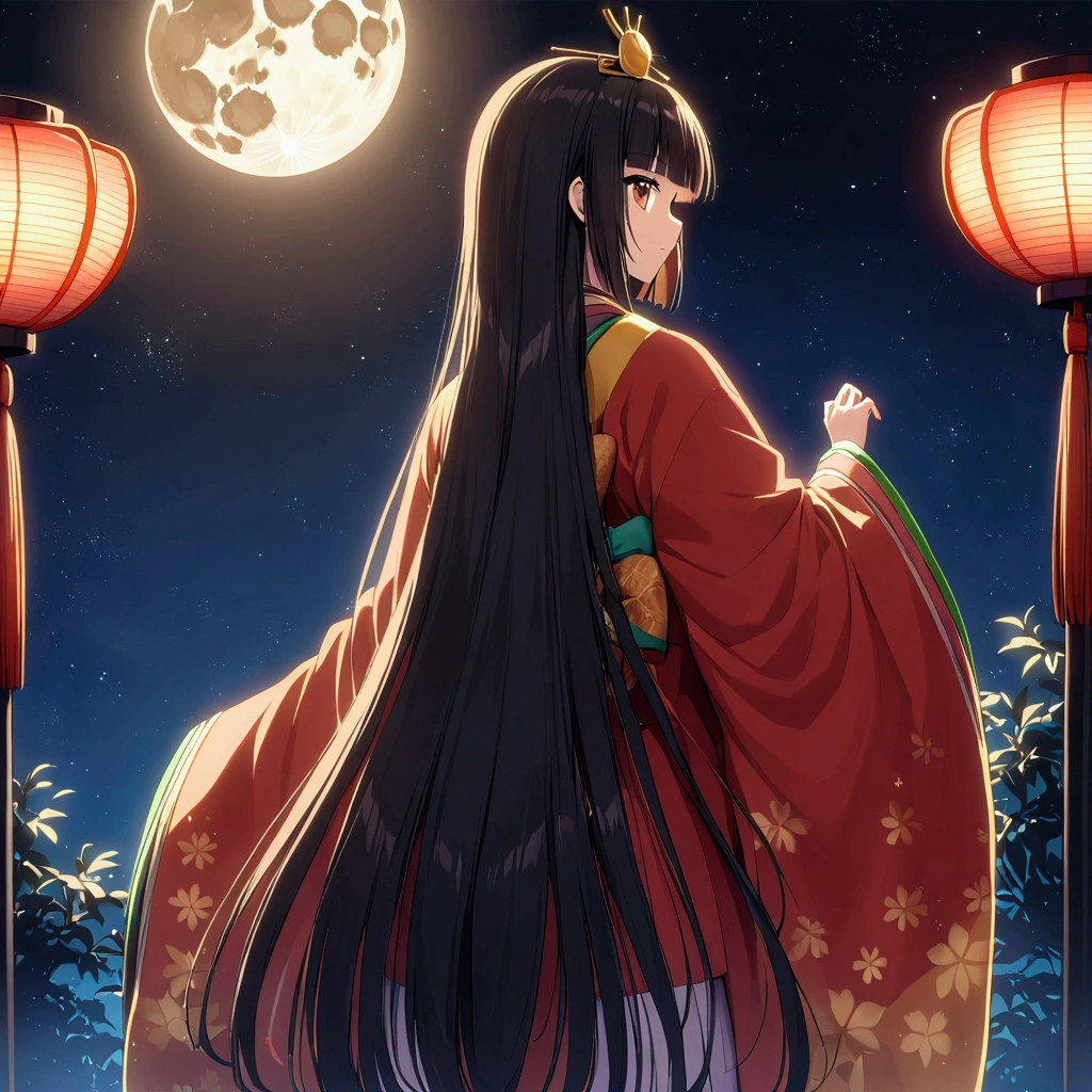 The World of Kaguyahime, hinamatsuri ohinasama, (heian red:1.1) japanese clothes, wide sleeves, red (karaginumo:1.1), layered kimono, 1girl solo, black hair (hime cut:1.2) very long hair spread out, (she sees full moon:1.3), (beautiful standing back view), wide shot, cinematic lighting, beautifully lit, starry sky, light particles, from behind, beautiful bamboos,