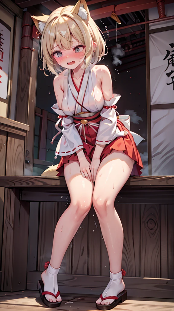 (detailed fingers,detailed hands,detailed eyes,detailed legs:1.5),(1girl:1.5),(cowboy shot:1.1),(miko,shrine maiden, japanese clothes, detached sleeves,hakama mini skirt:1.5),(outdoors:1.2),(have to pee:1.1),(urge to pee:1.2),(very desperate to pee:1.3),(peeing self,pee:0.2),(standing:1.2),(knees together and feet apart:1.5),(Rub each other's knees:1.2),(leaning forward:1.3),(hand between legs:1.2),(holding the crotch:1.2),(female orgasm:1.2),(pussy juice),(embarrassed:1.5),blush,(impatience:1.3),(flustered:1.2),(fidgeting around:1.5),(erotic waist twist:1.3),(panting),(breathless:1.4),Erotic feelings,(close eyes, closed mouth:0.95),(steam:1.2),(sweat skin:1.5),(saliva:1.3),(large breasts),crying face,(fox ears:1.2),blonde hair,looking away,(low_angle_human),(wet clothes:0.2)