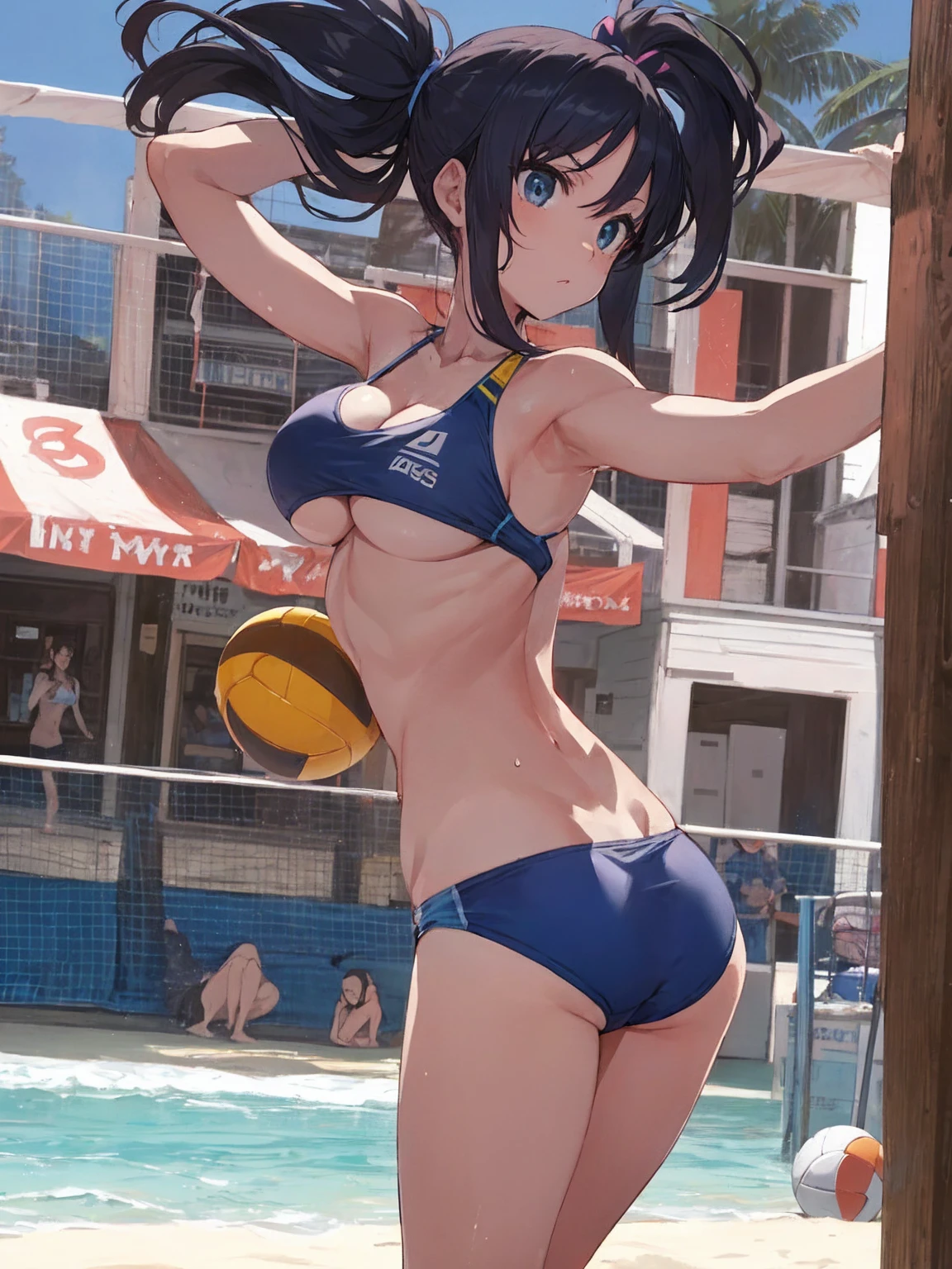 （Sweat, White skin:1.5、Aggressive Pose, ）, cameltoe, Fitness, , ((Beach volleyball bikini)),Big Breasts, Sturdy body、Healthy Body、((Big Eyes in Anime)), back、Very long dark blue hair、ponytail、Squat、from back,Super High Cut
