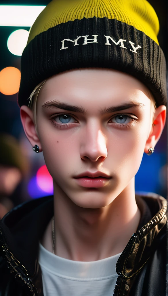 Meticulous, analog style, focus on the eyes, highest quality, (highly detailed skin), photo of very handsome pale skin Dutch punk boy, 21 years old, (wearing beanie), perfect face, pore skin, (penetration:0.5), black background, (bokeh:0.6), sharp focus, grainy lighting, (backlight:0.7), film grain, photographed with Sony A7R IV camera, 18mm F/1.7 cine lens, (highly detailed, intricate detail), 8k, HDR, front view, (upper body: 0.9)