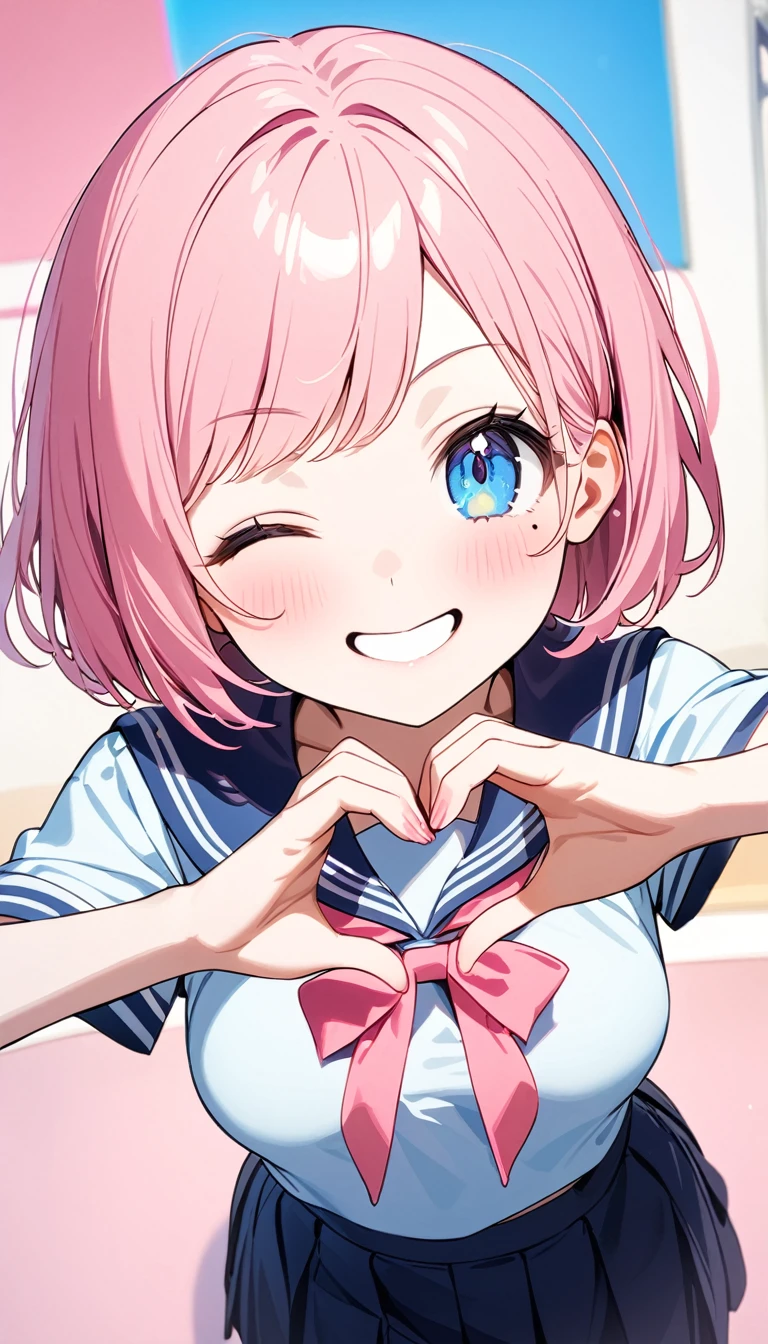 (1 girl),(Best Picture Quality, 8K, Masterpiece:1.3),( pastel),(high school student:1.5), ((pink lob hair:1.1)), (bob cut),(swept bangs),BREAK, (cute eyes, pupil black, iris skyblue, youthful face), (mole under right eye), (standard weight), (small breasts),(big hip), (glistening skin:1.1),(pale skin:1.2),BREAK, ((serafuku, white sailor short sleeve simple shirt, darkblue skirt, darkblue sailor collar, pink ribbon)),BREAK,(heart hands),(wink, one eye closed),(from above),(portrait),(happy).