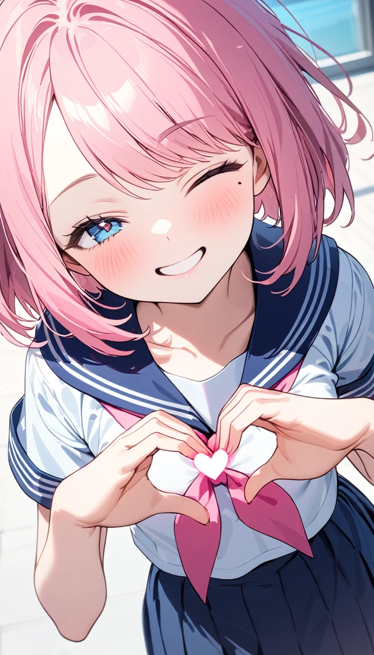 (1 girl),(Best Picture Quality, 8K, Masterpiece:1.3),( pastel),(high school student:1.5), ((pink lob hair:1.1)), (bob cut),(swept bangs),BREAK, (cute eyes, pupil black, iris skyblue, youthful face), (mole under right eye), (standard weight), (small breasts),(big hip), (glistening skin:1.1),(pale skin:1.2),BREAK, ((serafuku, white sailor short sleeve simple shirt, darkblue skirt, darkblue sailor collar, pink ribbon)),BREAK,(heart hands),(wink, one eye closed),(from above),(portrait),(happy).
