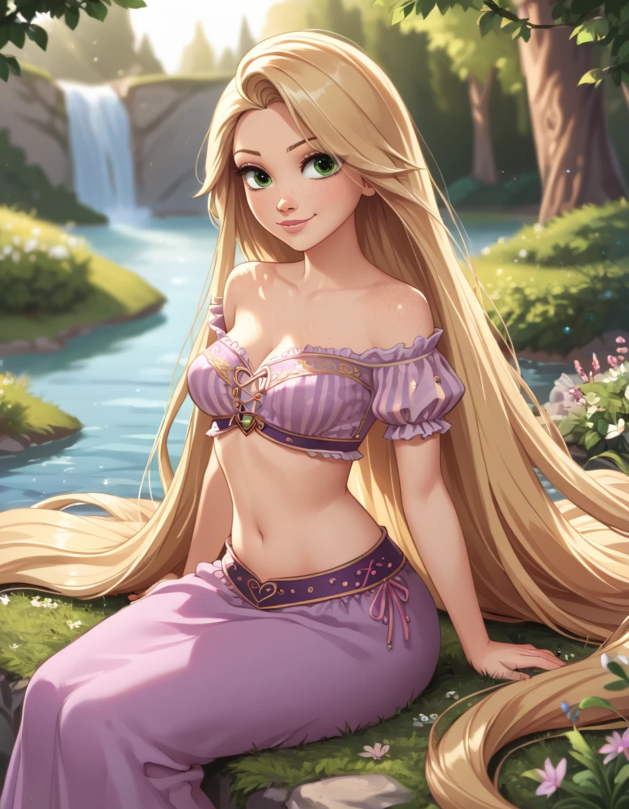 anime_source, (masterpiece), best quality, expressive eyes, perfect face, score_9, score_8_up, score_7_up, 1girl, absurdly long hair, blonde hair, rapunzel, medium breasts, green eyes,  lips, long hair, looking at viewer, solo, very long hair, freckles, rapunzel attire, bokeh, sitting, focused, motion blur, outdoors, river, midriff, navel, slight smile