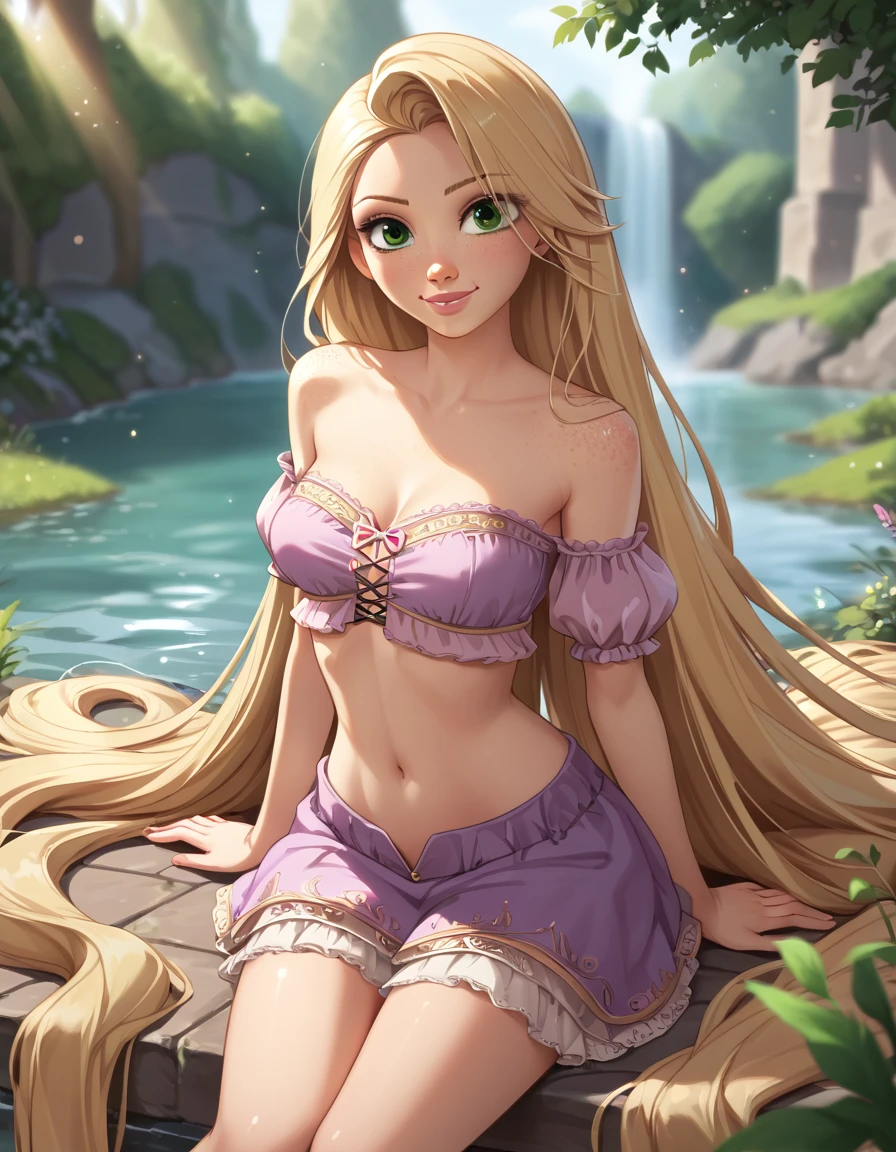 anime_source, (masterpiece), best quality, expressive eyes, perfect face, score_9, score_8_up, score_7_up, 1girl, absurdly long hair, blonde hair, rapunzel, medium breasts, green eyes,  lips, long hair, looking at viewer, solo, very long hair, freckles, rapunzel attire, bokeh, sitting, focused, motion blur, outdoors, river, midriff, navel, slight smile