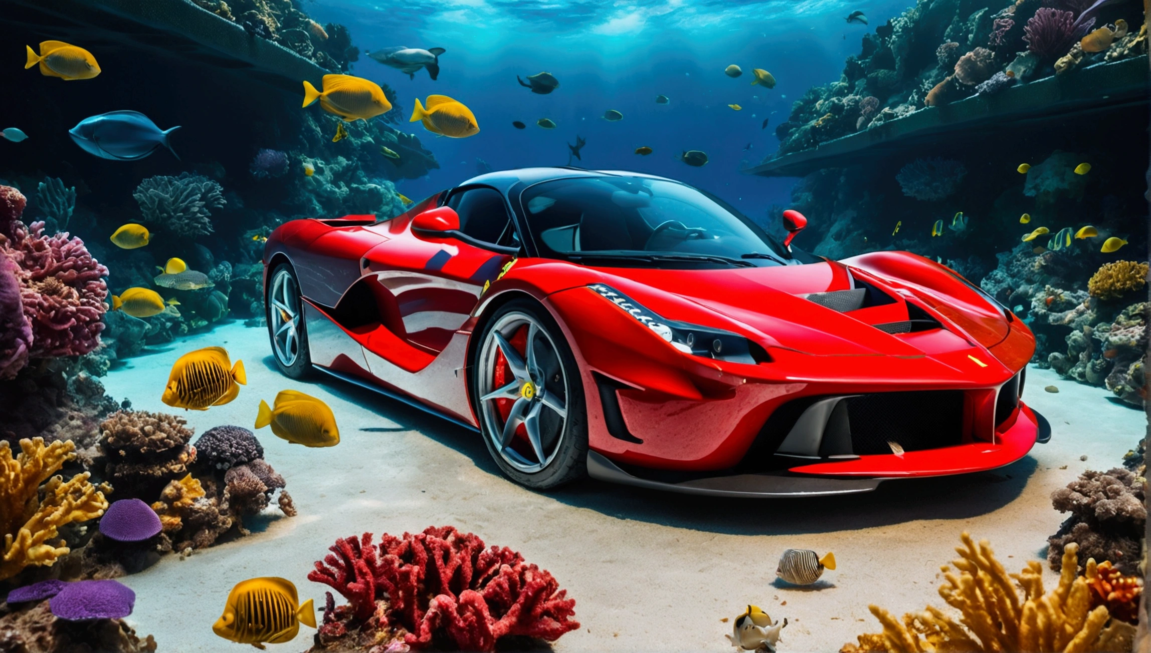 rusty laferrari at the bottom of the ocean, surrounded by marine life. charming lights, raw, vibrant colors