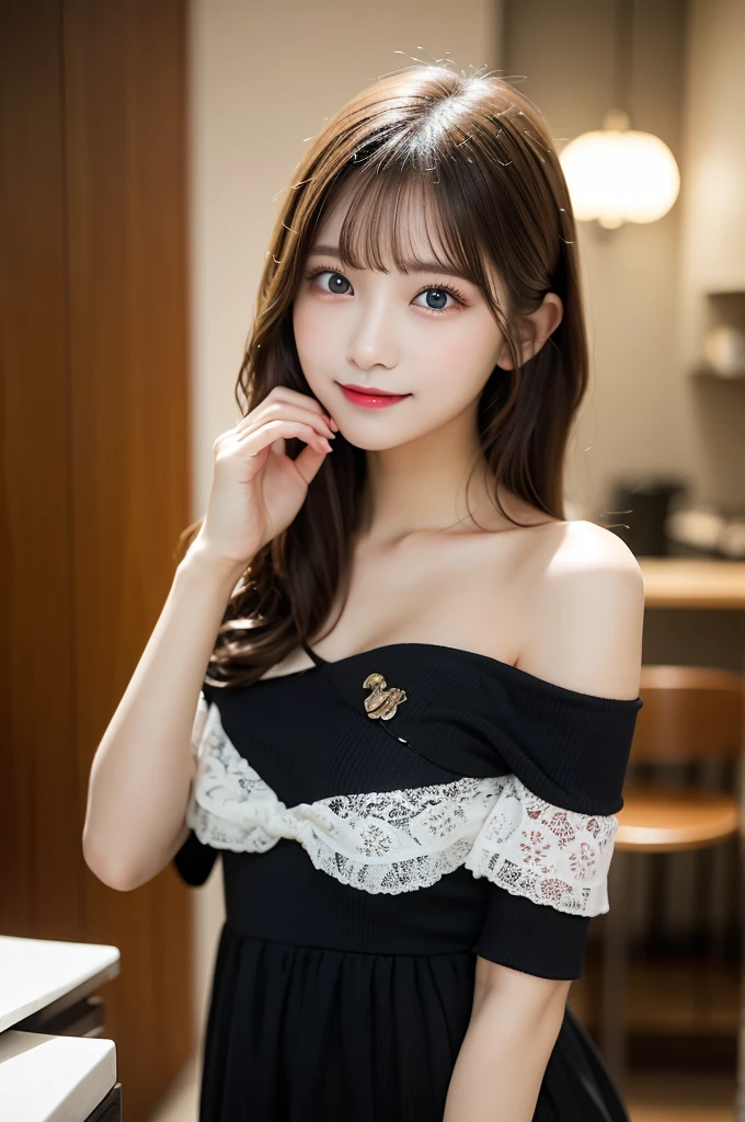 Tabletop, Highest quality, shape, Very detailed, finely, High resolution, 8k wallpaper, Perfect dynamic shape, Beautiful and detailed, Small breasts, Natural color lip, Random sexy poses,smile、20-year-old girl、Midnight、Beautiful and dense face、Perfect and beautiful face,Big eyes、Actual Photos(Best image quality),Lightweight off-the-shoulder dress、looking at the camera、Please stand、Putting on gal makeup,Blurred Background