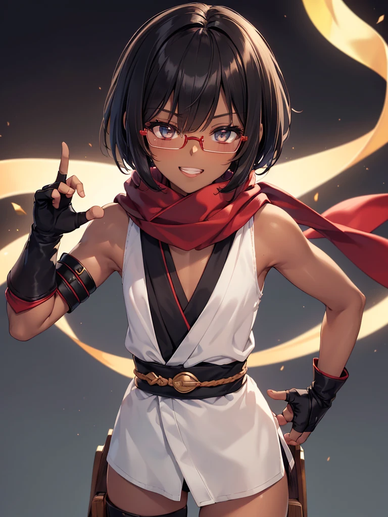 (flat chest), (masterpiece:1.2), highest quality, High resolution, unity 8k wallpaper, (fine and beautiful eyes:1.6), highly detailed face, perfect lighting, Detailed CG, (perfect hands, perfect anatomy), (1 girl:1.4), 20 years old,( black hair:1.3), extremely beautiful detailfeminine face and eyes, (grin smile), detailed eyes, best quality,( dark skin:1.8), extremely detailed, very precise detailed,(glasses:1.3), blunt bangs, open mouth, (very short pixie cut:1.2), (geta:1.2),(fingerless gloves:1.5), half closed eyes,long sidelocks,(long red Scarf:1.3),(sleeveless yukata),